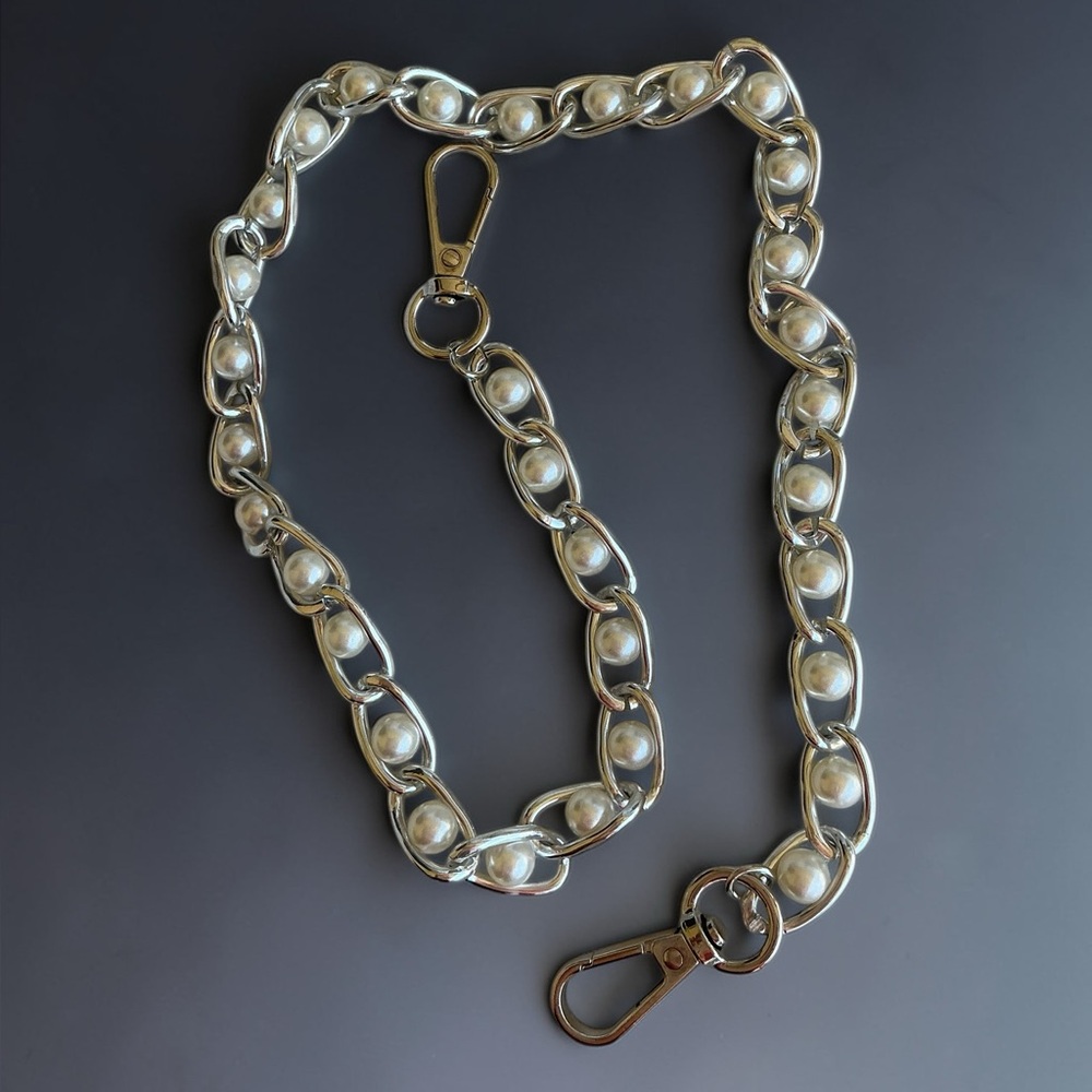 Bag Long Pearl Chain Strap 32.5” Silver Luxe Coquette Elegant Statement Purse